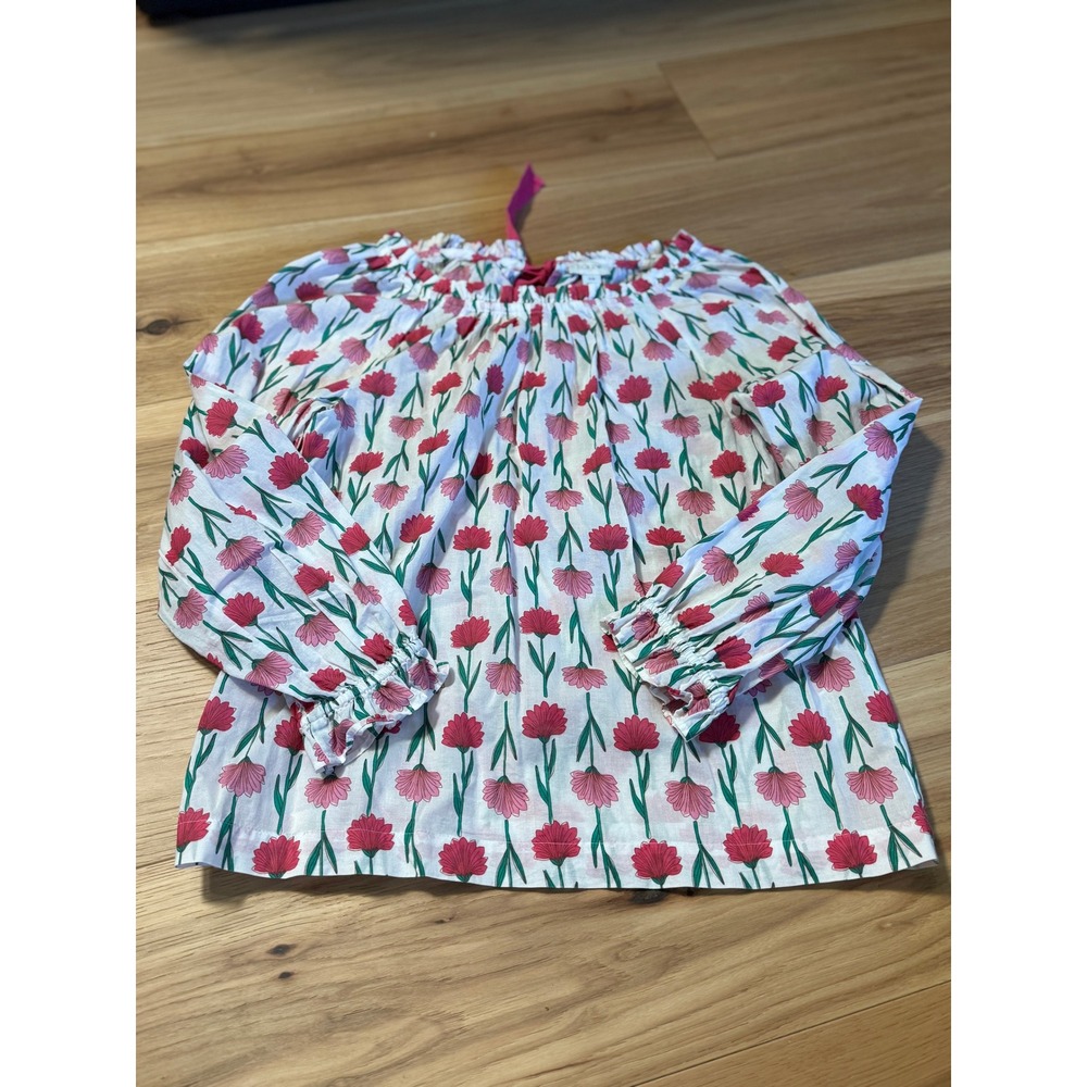 J.Crew Floral Blouse Womens XS Pink Green Cotton Cottagecore Ruffle Back Tie